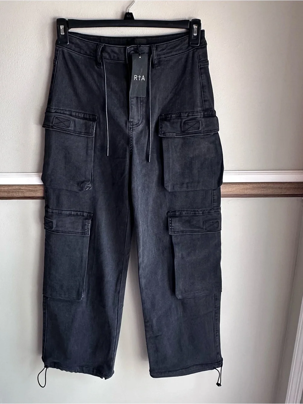 RtA Ezra Wide Leg Cargo Denim Trouser Pants Black Charcoal​
